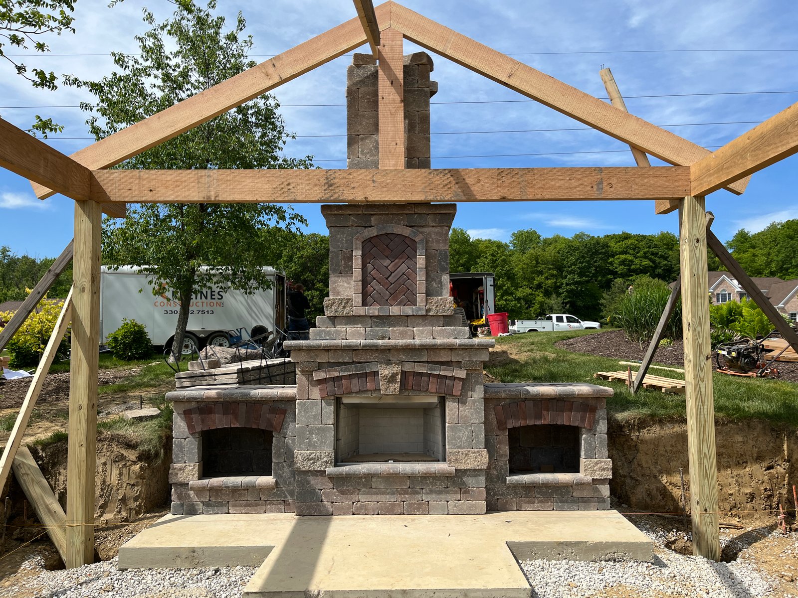 Masonry fireplace under timber frame